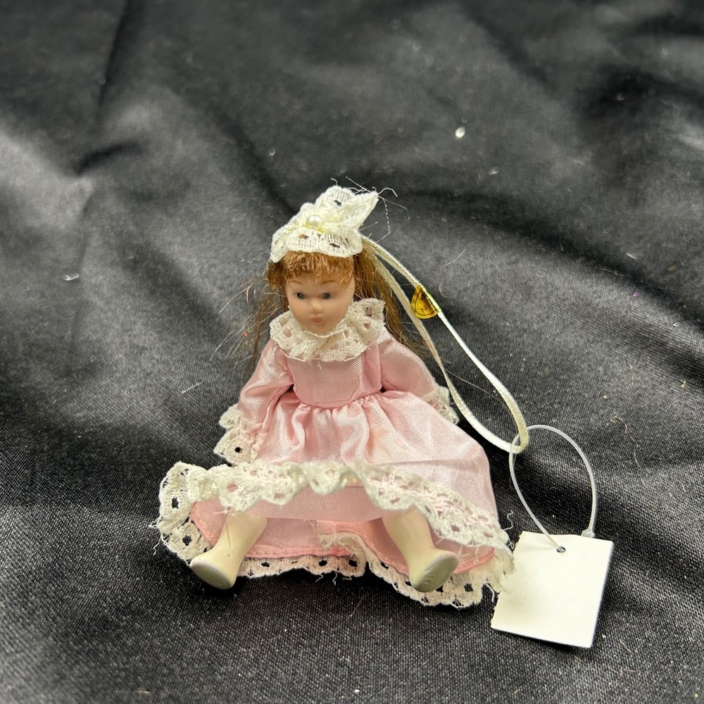 Miniature Porcelain Doll Ornament Pink Satin Lace Dress Auburn Hair Vintage Doll